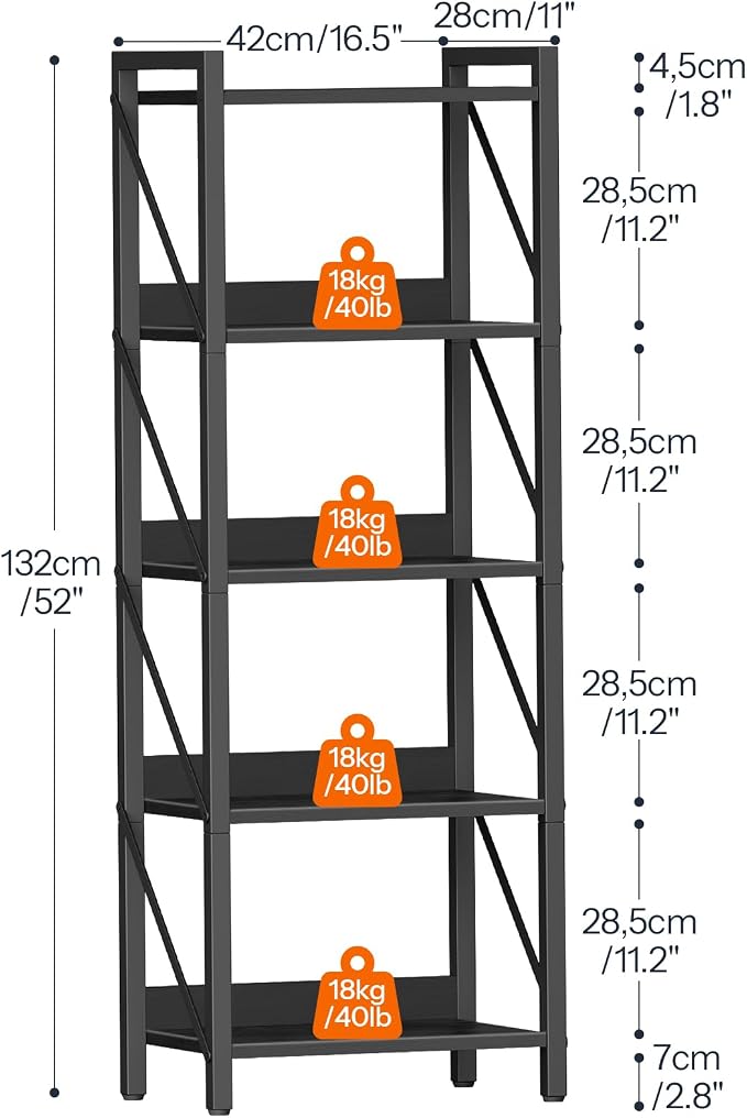 HOOBRO Bookshelf, 5-Tier Industrial Bookcase, Book Shelf Storage Organizer, Tall Bookshelf with Metal Frame for Living Room, Bedroom, Home Office, Kitchen, Black BB73SJ01