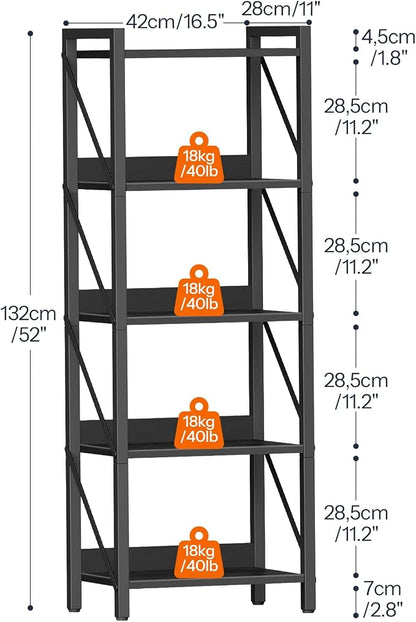 HOOBRO Bookshelf, 5-Tier Industrial Bookcase, Book Shelf Storage Organizer, Tall Bookshelf with Metal Frame for Living Room, Bedroom, Home Office, Kitchen, Black BB73SJ01