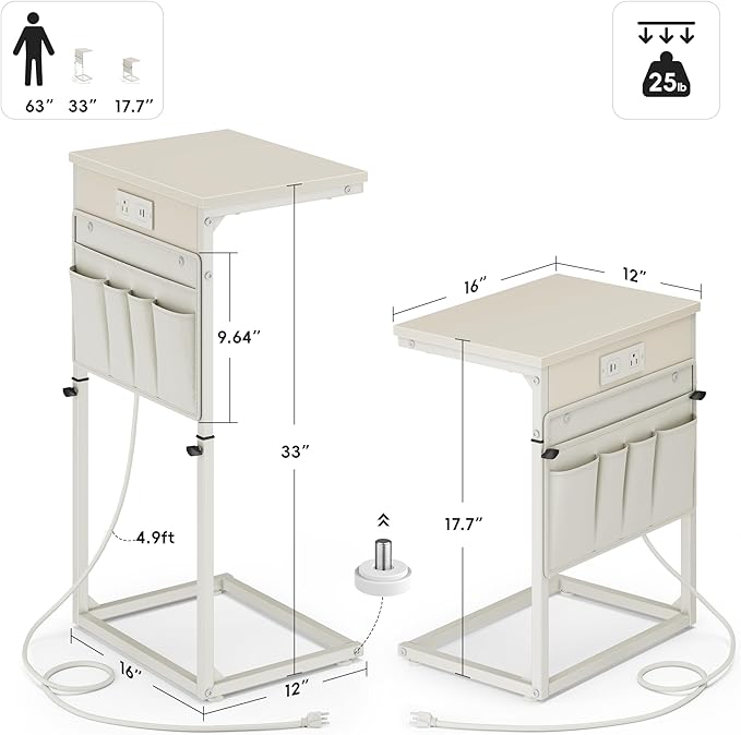 Vagusicc C Shaped End Table with Charging Station, 33" Tall Side Table for Couch, C Table Adjustable Height Small Couch Side Table, Slide Under Sofa Table TV Tray Arm Table for Living Room, Cream
