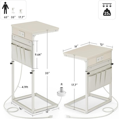 Vagusicc C Shaped End Table with Charging Station, 33" Tall Side Table for Couch, C Table Adjustable Height Small Couch Side Table, Slide Under Sofa Table TV Tray Arm Table for Living Room, Cream