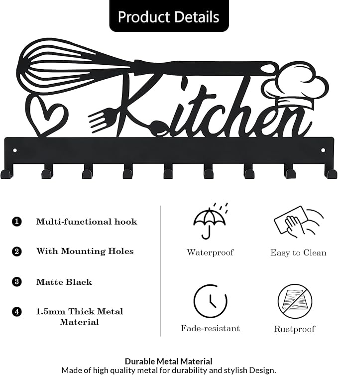 Metal Key Holder, Wall Mounted Key Hooks, Key Holder for Wall, Key Organizer Rack with 9 Hooks, Key Hanger Decor for Kitchen, Entryway, Hallway, Bedroom, Doorway (Kitchen 14IN)