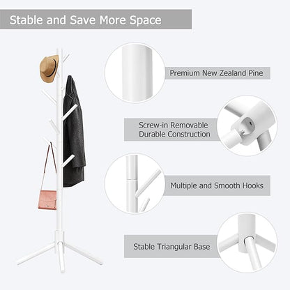 Coat Rack, Coat Racks Freestanding with 8 Hooks 3 Adjustable Heights for Clothes, Hats, Handbags, Coat Tree Easy Assembly for Entryway, Bedroom, Hallway, Office(White 2PCS)