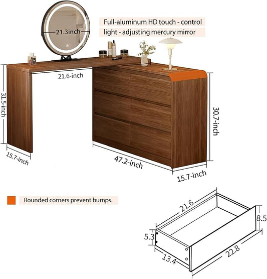 Makeup Vanity Desk with Mirror and Lights, 50-90inch Extendable Mid Century Walnut Makeup Dresser Combo with 47 Inch 6 Drawer Dresser and L Shaped Vanity Desk, Without Stool, Brown