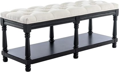 Kmax Storage Entryway Bench Tufted Shoe Rack Bench Black Wood Window Bench for Hallway Entrance Bedroom Corner, Beige