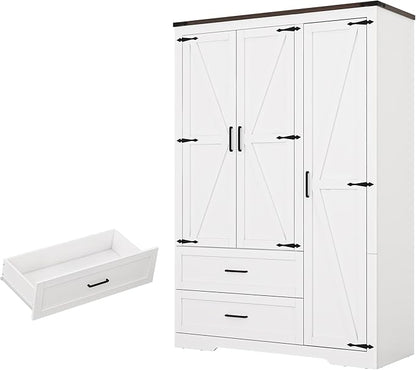 St.Mandyu Farmhouse Wardrobe Armoire Closet with 3 Doors and 2 Drawers, 70.1" Wooden Clothing Storage Cabinet, Freestanding Large Capacity Storage Wardrobe Armoire with Hanging Rod for Bedroom, White