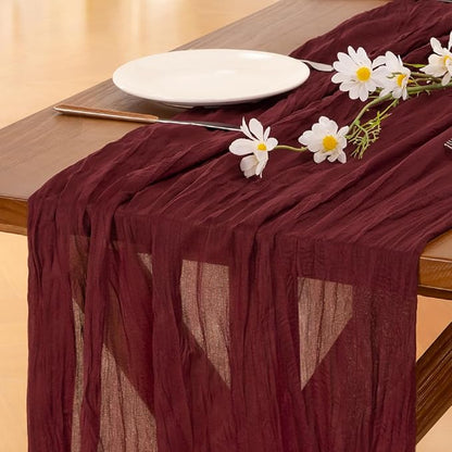 Socomi 6pcs Burgundy Red Valentine's Day Cheesecloth Table Runner Boho Rustic Gauze 120 inch 10FT Cheese Cloth Runner for Wedding Party Baby Shower Birthday Home Decor Holiday Decorations