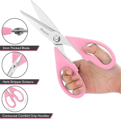 iBayam All Purpose Kitchen 2 Pack Heavy Duty Food Meat Poultry Shears with Protective Sheath, Dishwasher Safe, Comfort-Grip Cute Aesthetic Scissors Gift for Women Mom Wife Her Couple Pastel Pink