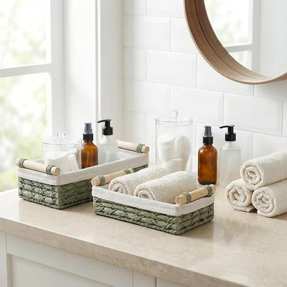 Baskets for Organizing, Set of 2 Green Wicker Bathroom Countertop Baskets with Liner, Paper Rope Basket Organizer with Wooden Handles for Vanity, Counter, Shelf Storage