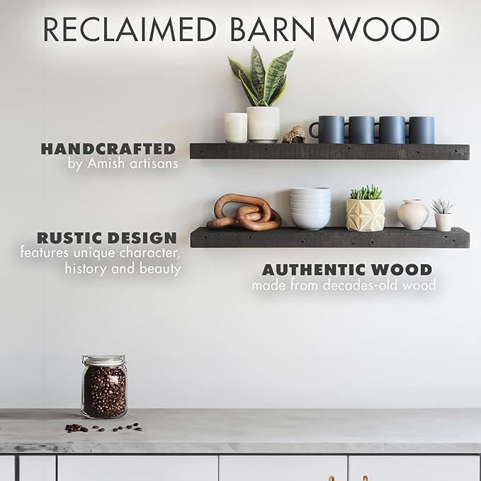 Urban Legacy Reclaimed Barnwood Planks | Floating Shelves for Wall w/Flush Mount Shelf Bracket Set Included | Set of 2 (Coffee Bean, 30"x7"x 2")