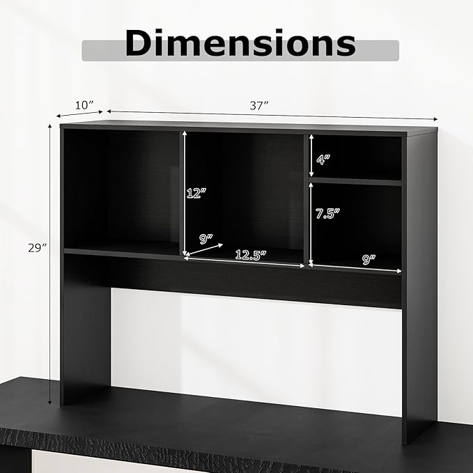 Desk Hutch, Desktop Shelf with 4 Shelves, Desk Bookshelf w/Anti-Toppling Devices, Wood Table Top Bookshelf Organizer, Small Desk Shelf for Study, Office, Dorm (Black, 4 Shelves)