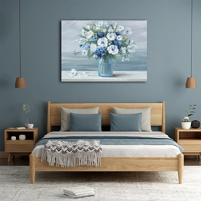 arteWOODS Vintage Flowers Canvas Wall Art Blue White Blossom Painting Retro Flowers in Vase Pictures Blue Ocean Seagull Background Artwork Prints for Bathroom Bedroom Wall Decor 28" X 20"