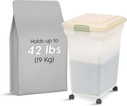 IRIS USA Airtight Dog Food Storage Container, WeatherPro, Up to 40 lbs, Removable Wheels, for Dog Cat Bird and Other Pet Food Storage Bin, Keep Fresh, Translucent Body, Made in USA, Almond/Pearl