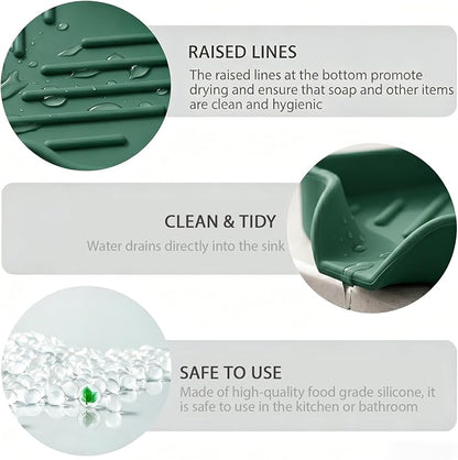 MicoYang Silicone Soap Dish with Drain Spout, Self-Draining Sink Organizer Tray for Bathroom and Kitchen, Sponges, Dispensers and Soap Holder, Non-Slip and Dishwasher Safe, Green (Compact, 4.9"×3.2")