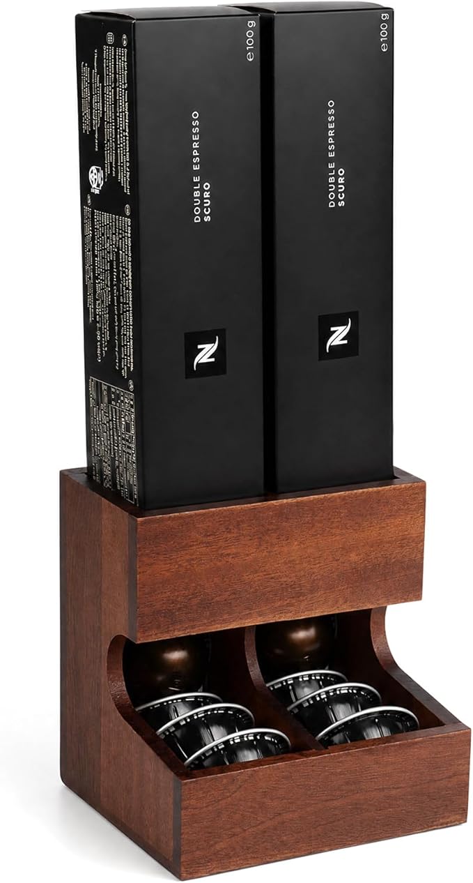 Wood Pod Dispenser Designed for Nespresso Vertuo Capsules, Freestanding Countertop Pods Rack, Coffee Pods Holder for Home or Office Kitchen Counter, Dispenses 2 Coffee Flavors (Brown-2)