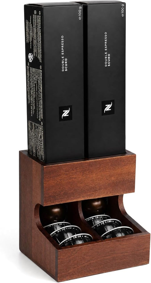 Wood Pod Dispenser Designed for Nespresso Vertuo Capsules, Freestanding Countertop Pods Rack, Coffee Pods Holder for Home or Office Kitchen Counter, Dispenses 2 Coffee Flavors (Brown-2)