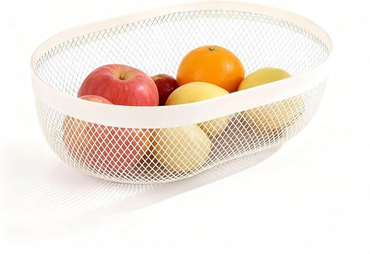 XIKEMADI Oval Metal Mesh Basket - Elegant Multi-Purpose Kitchen Fruit & Snack Storage Organizer, Ideal for Countertop, Entertaining & Gift Giving (White)
