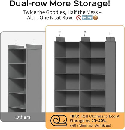 Space-Saving Hanging Closet Storage Organizer – Dual-Row Foldable Shelves with 3 Hooks, 6-Tier Wardrobe Organizer for Dorm, Bedroom, Closet (Grey) | Storage, 12 Pockets, 3 Sturdy Hooks, Dorm Room Essentials