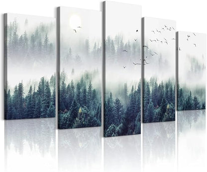 Canvas Wall Art For Living Room Wall Decorations For Bedroom Modern Office Wall Decor Foggy Forest Trees Landscape Paintings Stretched And Framed Ready To Pictures Home Decor 5 Piece Set W60”x H30”