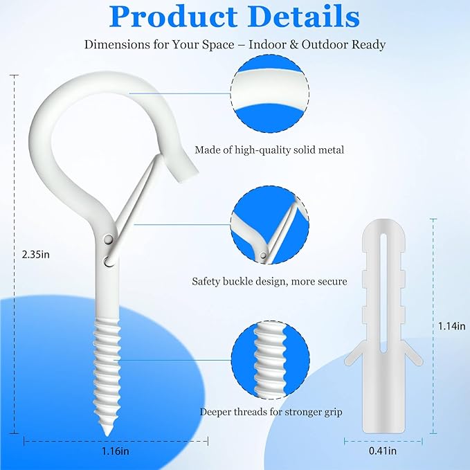 36 Pack White Screw Hooks with Safety Buckle - 2.3 Inch Rustproof Eye Ceiling Hooks for Hanging Plants,Outdoor String Lights,Baskets,Christmas Lights & Decor,40lb Capacity (36, White)