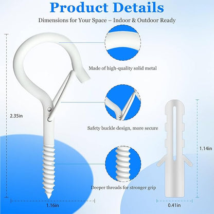 36 Pack White Screw Hooks with Safety Buckle - 2.3 Inch Rustproof Eye Ceiling Hooks for Hanging Plants,Outdoor String Lights,Baskets,Christmas Lights & Decor,40lb Capacity (36, White)