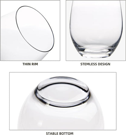 FAWLES Stemless Wine Glasses Set of 12, 15 Ounce Smooth Rim Standard Wine Glass Tumbler for Red, White Wine, Dishwasher Safe