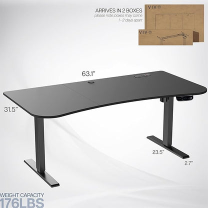 VIVO Electric 63 x 32 in Standing Desk with Built-in Power Strip, Touch Screen Adjustment, 220 lb Frame Support, 2E Series, Black Top Black Frame, DESK-KIT-2EBAC