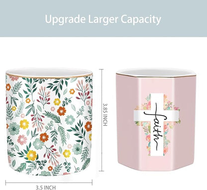 WAVEYU Desk Pen and Pencil Holder, Ceramic Multifunctional Organizer for Home, Office, and School, Green Floral Pattern
