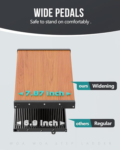 WOA WOA 5 Step Ladder, Ladders for Home, Anti-Slip Pedals, Aluminum Step Stool Foldable, Lightweight to Move, Ease of Storage, Reach 10ft for Closet Kitchen Library, Hold 300lbs - Black&Wood Grain