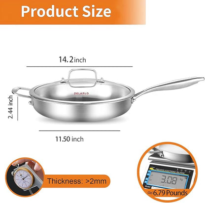 DELARLO Stainless Steel Pan 14-Inch, Large Frying Pan with Lid, Heavy Duty, Compatible with Induction, Gas and Electric up to 650℉, Fast & Even Heating, Durable, Dishwasher, Oven Safe Skillet