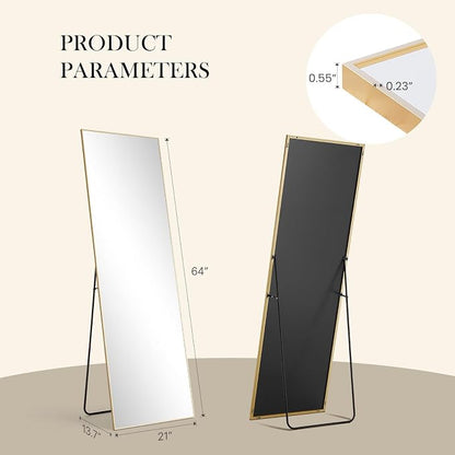 NEWBULIG Mirror Full Length, 64"x21" Body Wall Mirrors with Shatter-Proof Glass, Upgraded Floor Standing Mirror, Hanging or Leaning, with Stand Aluminum Alloy Frame for Home Decor, Bedroom, Gold