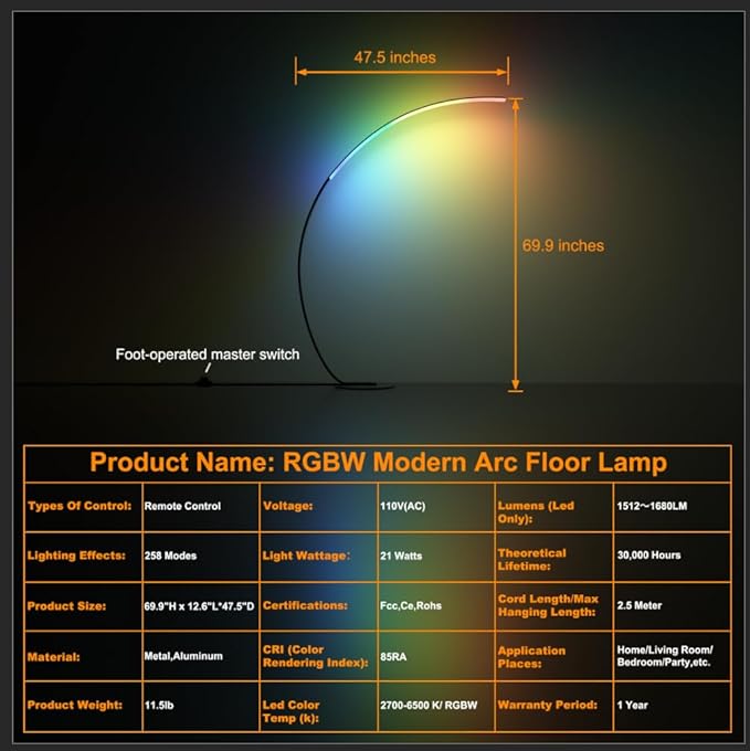 E.P. Light RGBW Modern 69.99 inch Arched Standing Reading Floor Lamp with Remote - Dimmable Black Led Color Changing Curved Ambient Lighting for Bedroom and Living Room