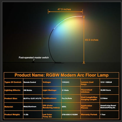 E.P. Light RGBW Modern 69.99 inch Arched Standing Reading Floor Lamp with Remote - Dimmable Black Led Color Changing Curved Ambient Lighting for Bedroom and Living Room