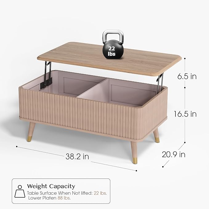 SULIVES Lift Top Coffee Table with Storage,Fluted Coffee Table with Lifting Top,Mid Century Modern Center Table with Solid Wood Legs,Small Coffee Tables for Living Room,Oak
