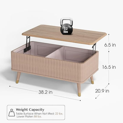 SULIVES Lift Top Coffee Table with Storage,Fluted Coffee Table with Lifting Top,Mid Century Modern Center Table with Solid Wood Legs,Small Coffee Tables for Living Room,Oak