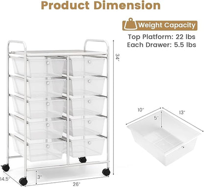 LDAILY 10 Drawer Rolling Cart, Storage Cart Organizer on Wheels, Drawer Cart with Metal Frame & Large Storage Capacity, Rolling Cart with Drawers for Living Room Classroom, Office