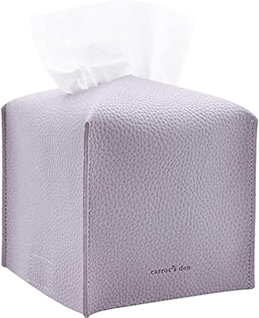 Tissue Box Cover Holder, Square with Bottom Belt by Carrot's Den - PU Leather Decorative Organizer for Tabletop, Bathroom, Car, Office | Lavender