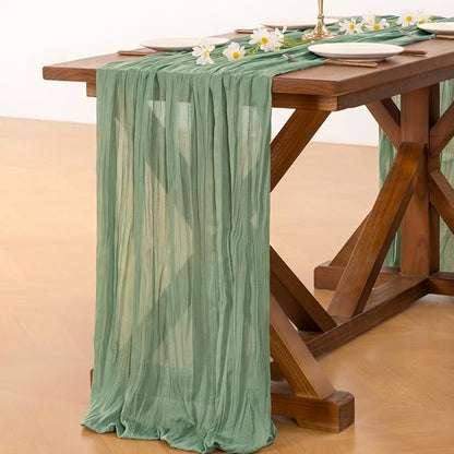 Socomi Sage Green Cheesecloth Table Runner Spring Easter Boho Rustic Farmhouse Gauze 120 inch 10FT Cheese Cloth Runner for Wedding Party Baby Shower Birthday Home Decor Holiday Decorations