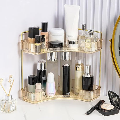 Corner Bathroom Counter Organizer, Vanity Trays for Bathroom, Skincare Makeup Organizer Shelf, Shelf Cosmetics, Toiletries, Lotions, Perfumes (2 Tiers, Amber)