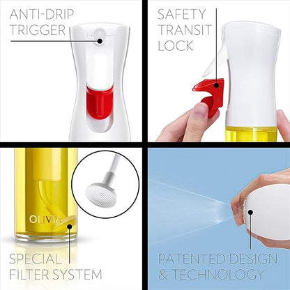 OLIVIA SIGNATURE Advanced Kitchen Oil Sprayer with Flairosol Technology, Fine Mist & Portion Control, Refillable Glass Olive Oil Cooking Spray Bottle for Air Fryer, Salad, BBQ, 130ml (Gold Print)