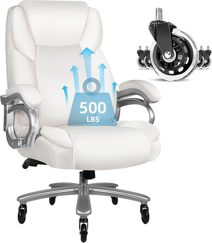 VITESSE 500lbs Heavy Duty Office Chair for Low Back Pain Relief, Big and Tall Office Chair with Ergonomic Lumbar Support, High Back Executive Chair with Quiet Rubber Wheel（White）