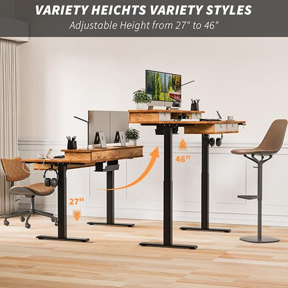 Kingant 55 x 30 Inch Electric Standing Desk with 4 Drawers, Adjustable Height Computer Desk for Home Office, Large Workstation Sit Stand Up Desk with Built-in USB A/C Ports, Light Rustic Brown