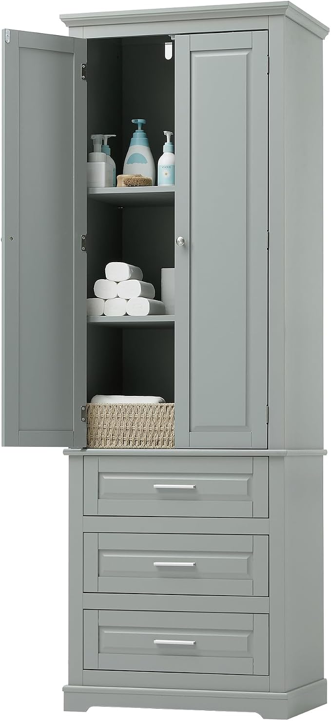 Storage Cabinet, Tall Bathroom Cabinet with Adjustable Shelf | Tall storage cabinet, upper enclosed cabinet and 3 pull-out compartments keep daily essentials organized