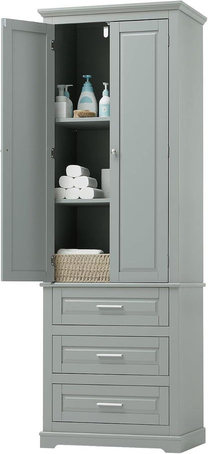 Storage Cabinet, Tall Bathroom Cabinet with Adjustable Shelf | Tall storage cabinet, upper enclosed cabinet and 3 pull-out compartments keep daily essentials organized