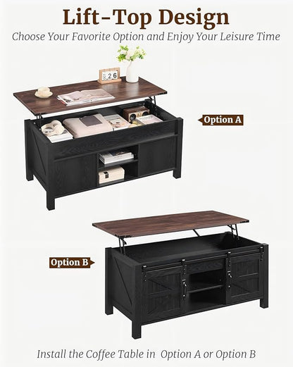OKD 48" Farmhouse Lift Top Coffee Table with Sliding Barn Door, Rustic Center Table w/Hidden Storage Compartment, Lift Tabletop Dining Table w/Adjustable Shelf for Living Room,Black & Walnut Oak