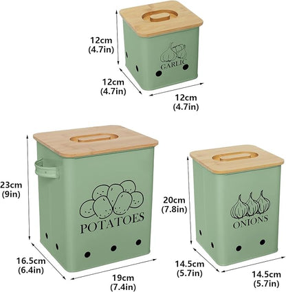Kitchen Canisters Set, Storage Bin for Potato Onion & Garlic, 3 Pack Set Countertop Pots Containers with Wooden Lid - Potato Storage, Garlic Bin, Onion Keeper Tin with Aerating Holes-Green
