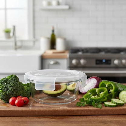 1.5 Cup Round Glass Food Containers with Lids and Folding Spoon, BPA Free Small Round Glass Lunch Containers, 12oz Food Container for Office Meal, Oven, Freezer and Dishwasher Safe (4Pack)