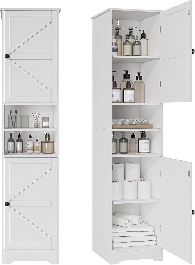 Tall Bathroom Storage Cabinet, Vertical Freestanding Organizer with Adjustable Shelf, Slim Design for Small Bathrooms, Towels & Toiletries Storage（White）
