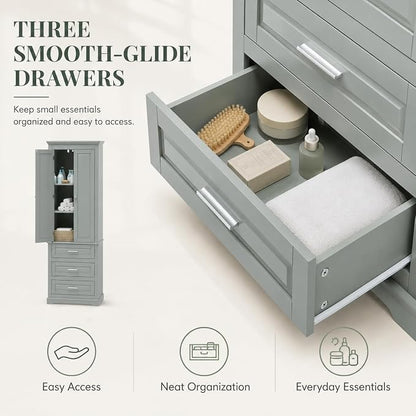 Storage Cabinet, Tall Bathroom Cabinet with Adjustable Shelf | Tall storage cabinet, upper enclosed cabinet and 3 pull-out compartments keep daily essentials organized