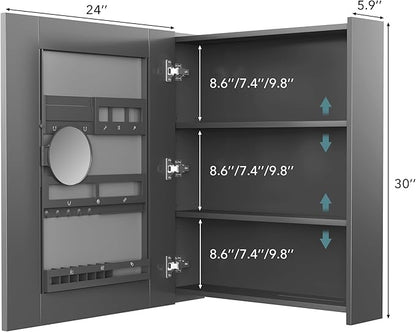 Bathroom Cabinet - Large Single Door 24x30 inchs Wall Cabinet Mirror Medicine Cabinet with Facial Tissues Slot and Multifunctional Storage Area