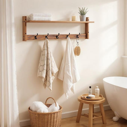 29Inch Wall Mounted Coat Rack with Hooks and Shelf - Large Rustic Wood Coat Hangers for Hats, Keys, Towels, Robes – Functional Entryway Wall Organizer for Bathroom, Kitchen, Mudroom – Brown